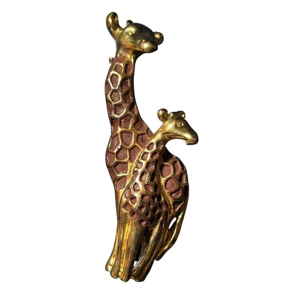 Double Giraffe Brooch Gold Tone Brown Safari Animal Pin Jewelry